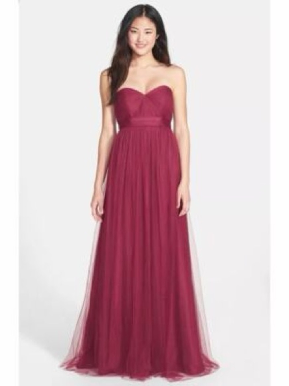 Jenny Yoo Strapless Burgundy Tulle Gown
